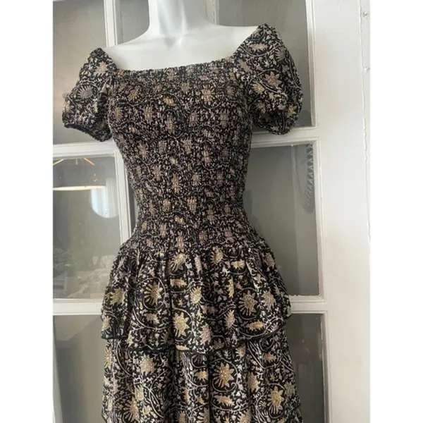 Muche et Muchette Black Gold Floral Smocked High-Low Tiered Ruffle Maxi Dress‎ - Image 6