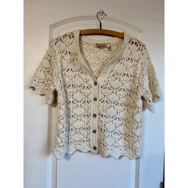 Willow & Root Diamond Pointelle Cardigan Sweater Cream Sz M Cottagecore Boho Top - Image 4