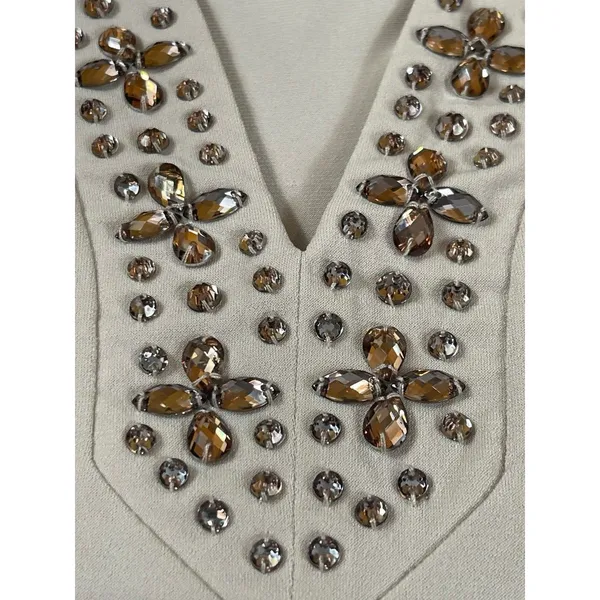 Susan Graver Artisan 2X Beige Embellished V-Neck Tunic Top Stretch 3/4 Sleeve - Image 5