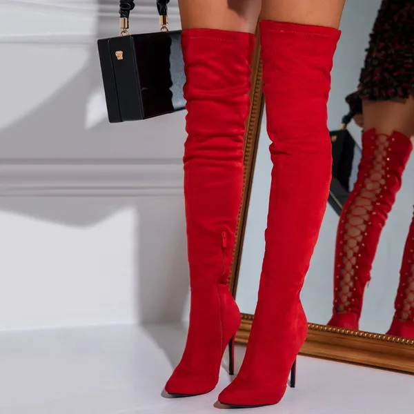 Forever Link New Red Stretchy Over The Knee Thigh High Boot Gold Studded Stiletto High Heel - Image 2
