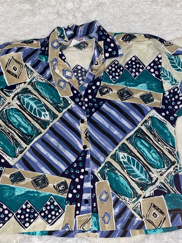 Cabrais woman’s vintage 90s short sleeve button down shirt blouse abstract blue - Image 5