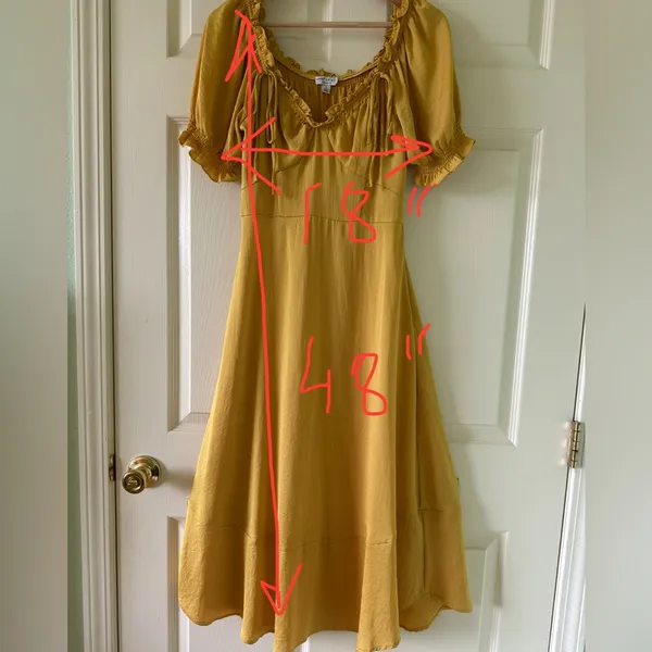 👗🌺Anthropologie Yellow Midi Dress M 6 8 Boho Cottagecore Puff Sleeve Ruffle Trim - Image 9