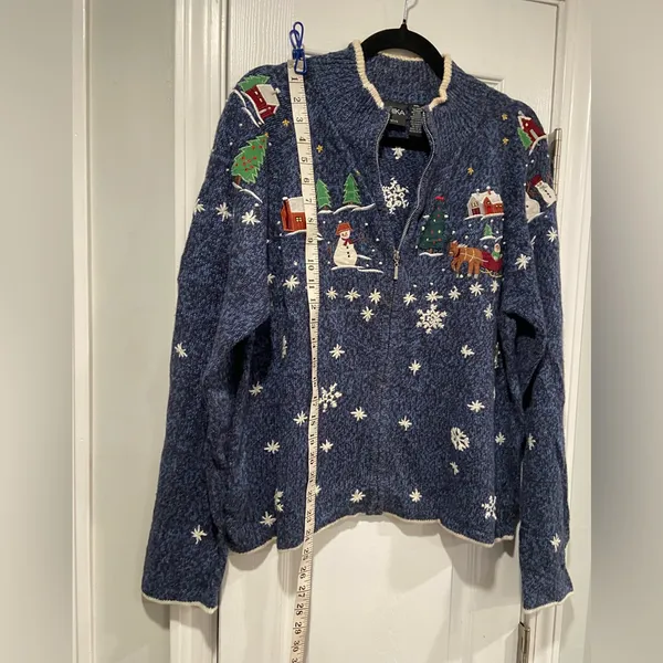 VTG Erika Size PXL Christmas Cardigan Sweater Zip Front Snowman Winter Cotton - Image 9