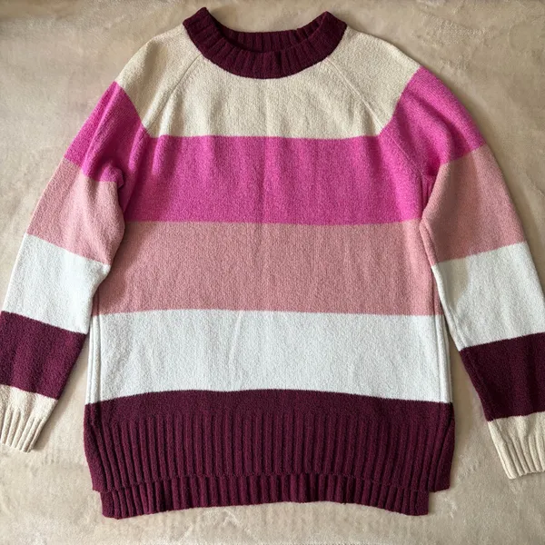 Women’s Striped Crewneck Sweater - Pink Colorblock Pullover Sweater - Image 2