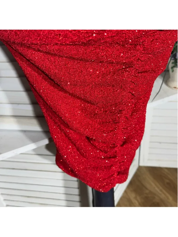 Shiny sparkle red dress ruched midi bodycon padded bra cocktail homecoming NWOT - Image 9