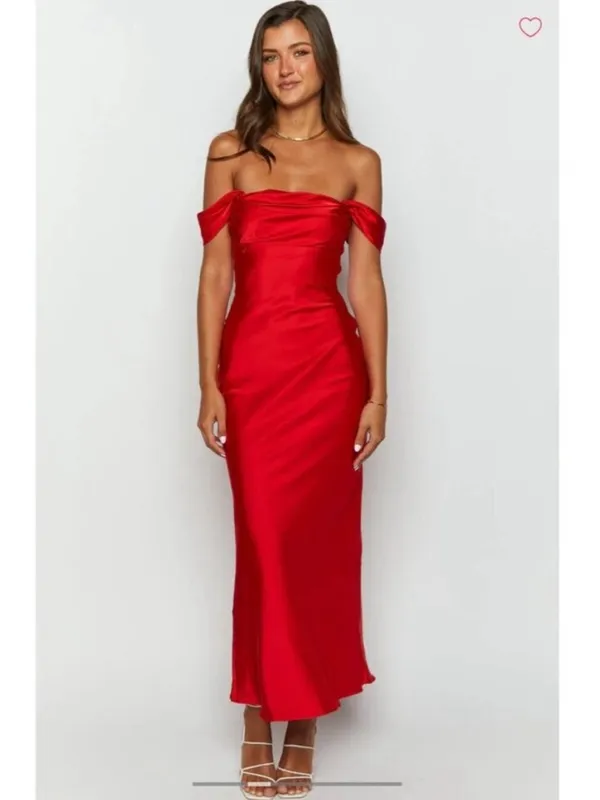 Beginning Boutique Ella Red Satin Maxi Dress Gown Slip Off Shoulder US 10 New - Image 4