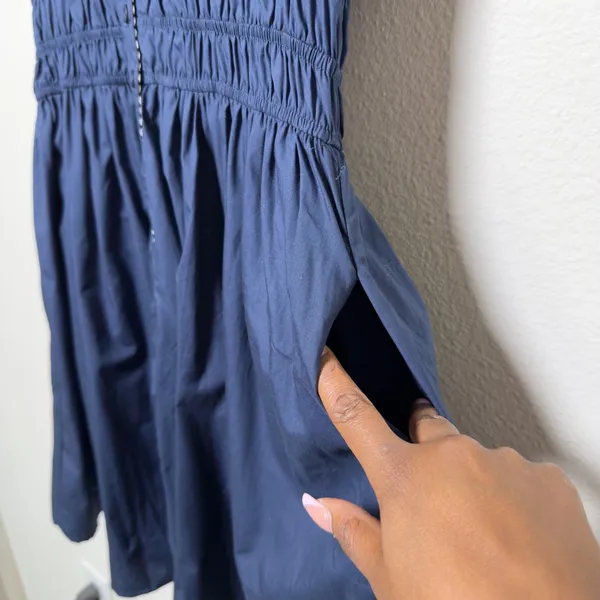 SHE + SKY Women Cotton Preppy Shirt Dress Small Navy Smocked Waist Striped Trim - Image 7