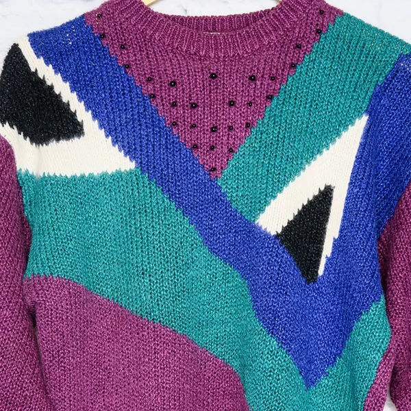 Vintage 80’s Purple Beaded Abstract Sweater - Image 3
