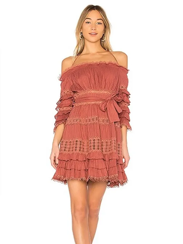 eyelet ruffle Corsair Frill Tier Dress Vintage Rose rust long sleeve - Image 9