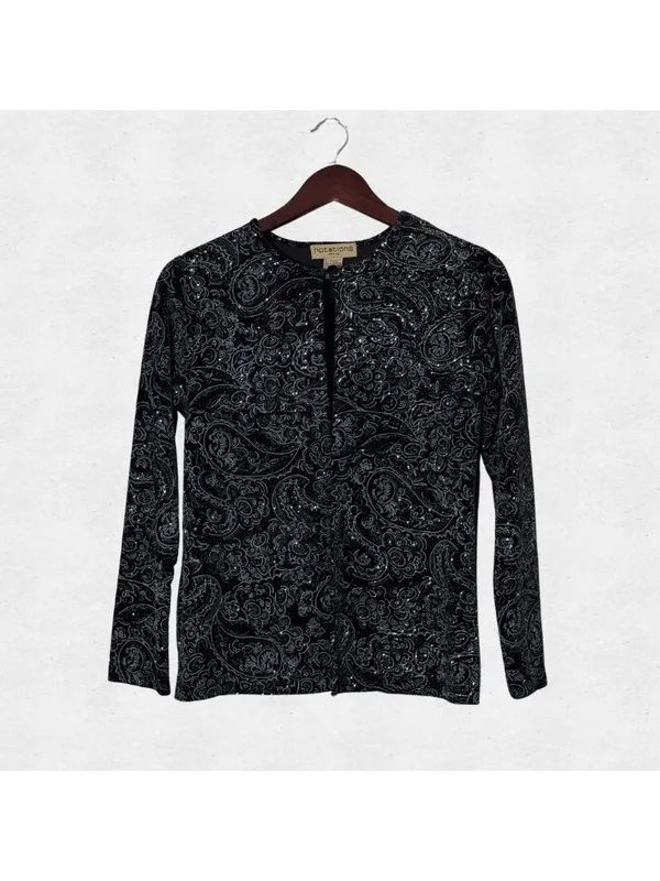 Notations Vintage Black Velvet Glitter Paisley Long Sleeve Top Petite Medium Whimsigoth - Image 5