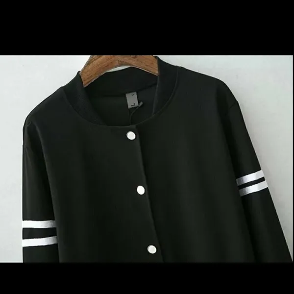 Women's Size Medium Stand Collar‎ Buttons Crop Coat Black White Long Sleeve Snap - Image 2
