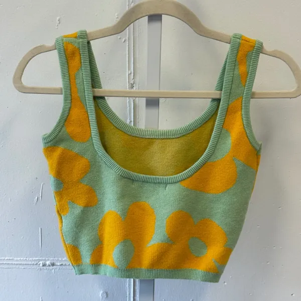 Bailey Rose Floral Knit Crop Tank Top Mint Green Yellow BRW0826-9 Small Soft - Image 2