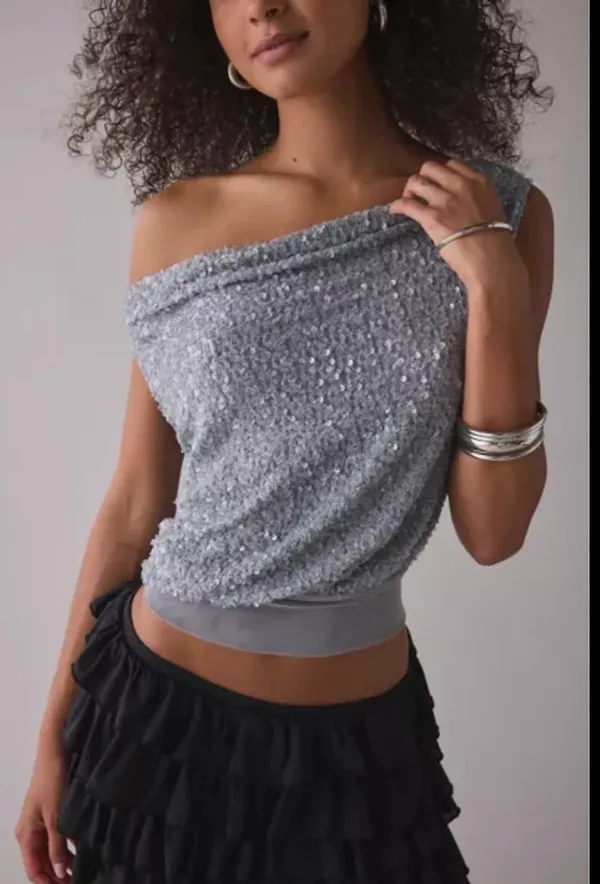 Urban Outfitters NWT Alix Asymmetric Off-The-Shoulder Ruched Sequin Crop Top - Image 2