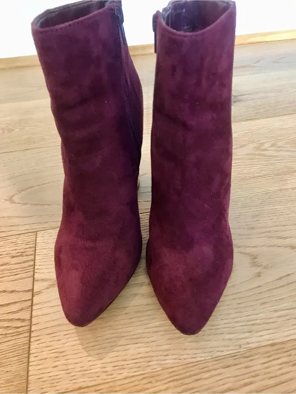 Women's Burgundy Egan Suede Ankle Boot with rose Gold Metallic Block Heel - Image 6