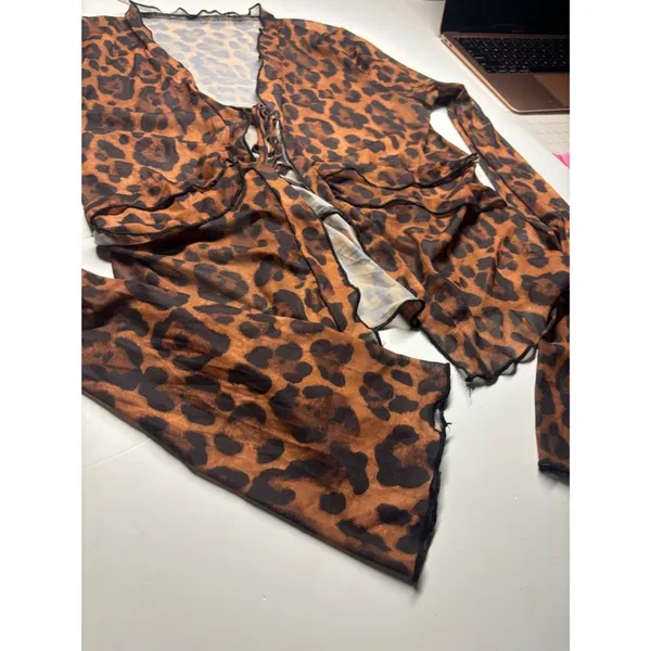 Leopard Print Mesh Tie Front Top Brown Black Ruffle Bell Sleeve Y2K Coquette - Image 5