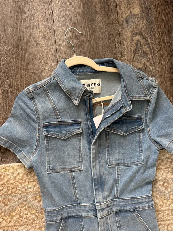 Signature 8 Light Blue Denim Jumpsuit Overalls - Women's Short Sleeve - Image 3