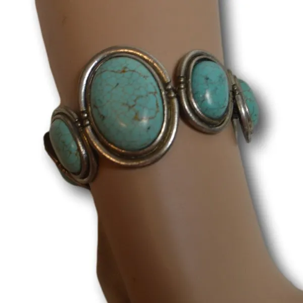 Vintage Silver Tone & Faux Turquoise Toggle Bracelet 7” - Image 3