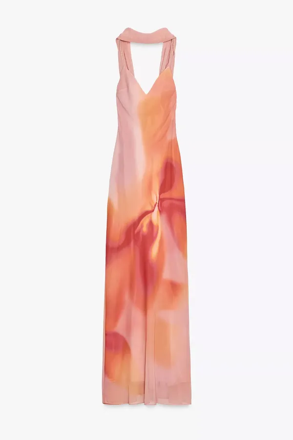 Zara Elegant Pink and Orange Maxi Dress scarf evening party wedding - Image 13