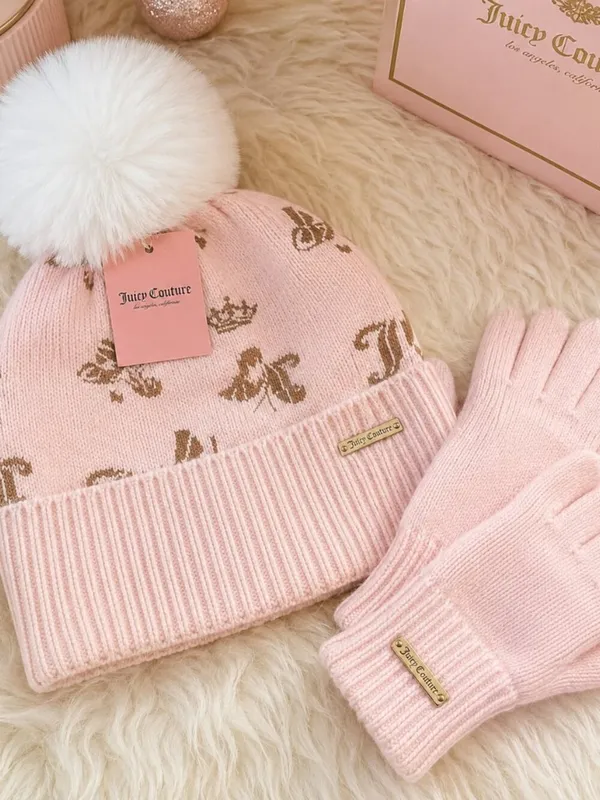 Juicy Couture Kids Pink Pom Pom Beanie & Gloves Set Fits Adults NWT - Image 3