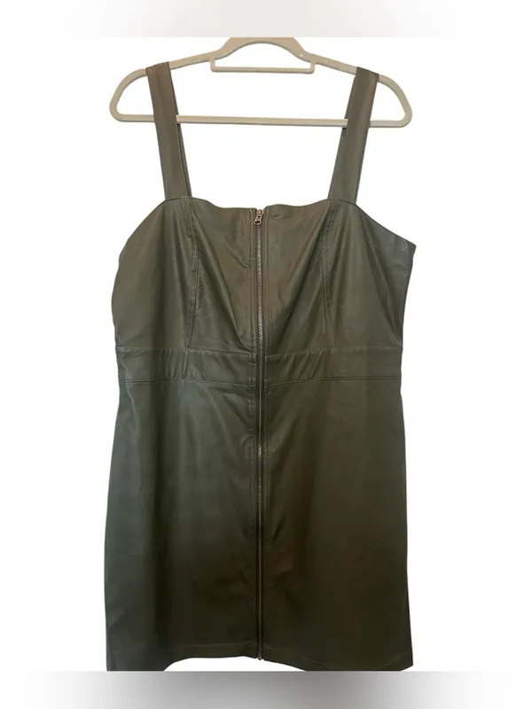 NWT Wild Fable faux leather zip-front mini pinafore dress in olive green - Image 2