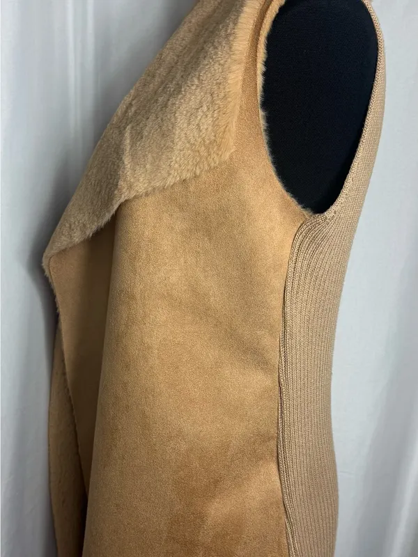 Twelfth Love Sherpa Coat Med Camel Faux Suede Cozy vest Open Front Cardigan - Image 7
