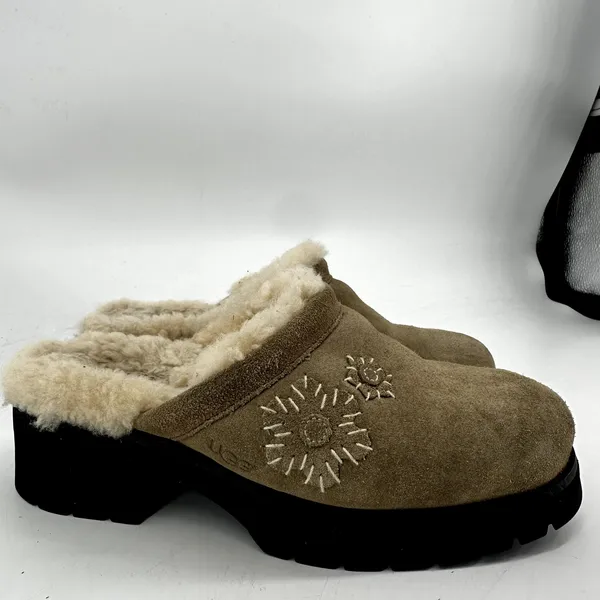 Ugg Solvang Clogs Y2K Suede Sheepskin Shearling Chunky Block Heel Floral Beige 6 - Image 2