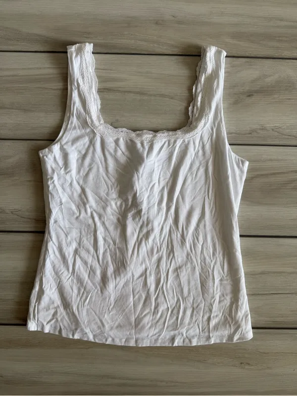 Montgomery Post Lace Trim Square Neck Knit Tank Top White Small NWT STITCH FIX - Image 4