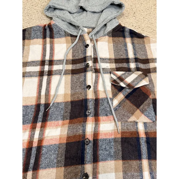 Cabincore Plaid Hooded Shacket Brown Cream Button Front Cozy Rustic L NWT - Image 9