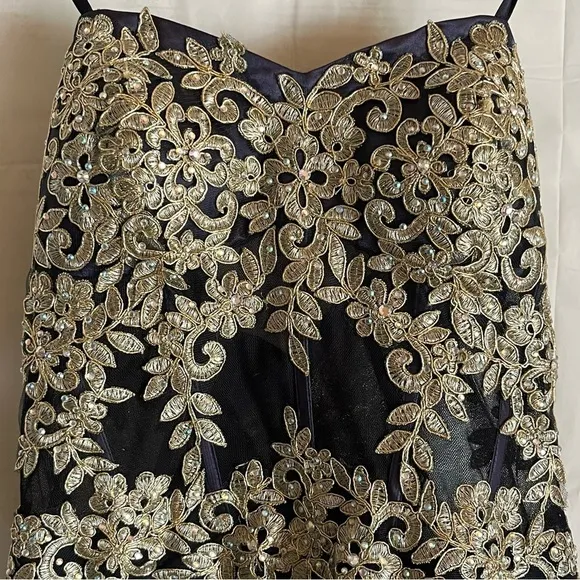 Blondie Nites Gown Juniors‎ Size 9 Navy Long Mesh Gown Corset Style Gold Prom - Image 7