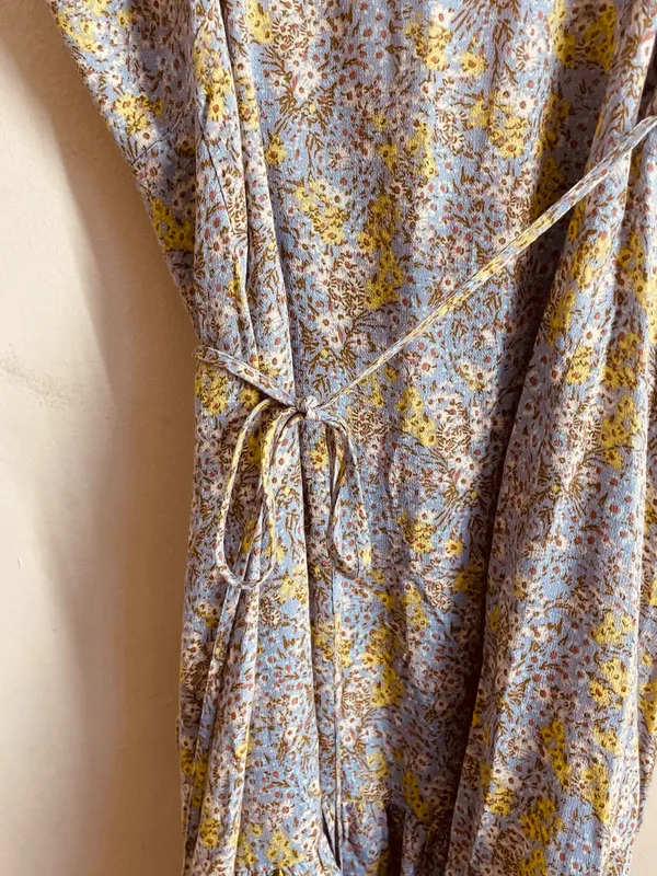 Free People All My Love Wrap Dress Blue Yellow Floral Mini Ruffle Hem size M - Image 11
