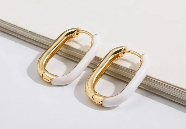 White & Gold Rectangular Hoop Earrings - Image 2