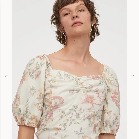 H&M vintage floral linen-blend puff sleeve top - Image 2