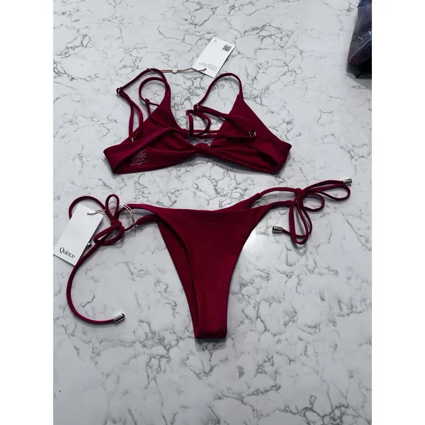 NWT Quince Cherry Red Knot Tie Bikini Top & Adjustable Side Tie Bottom Set Small - Image 2