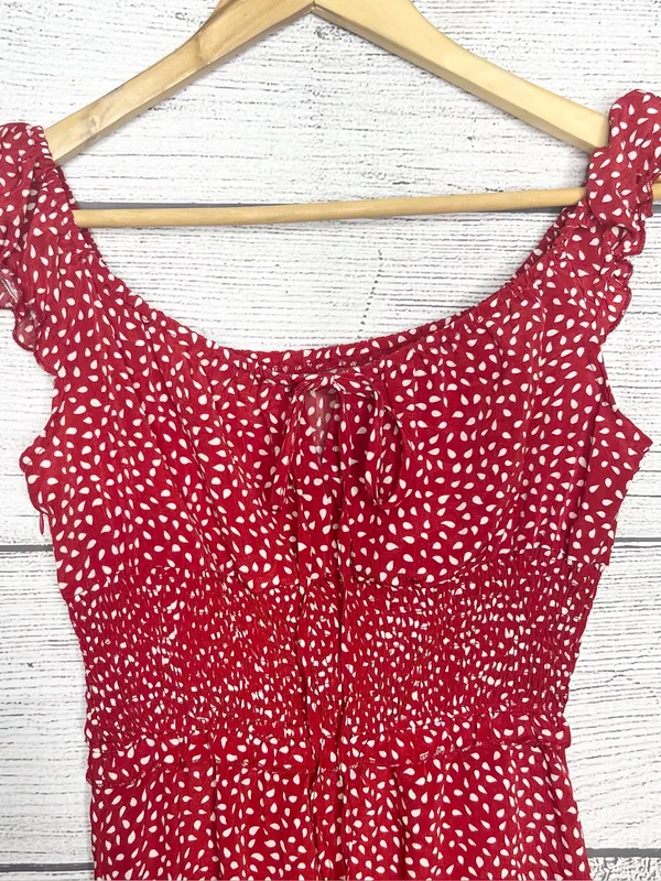 Red & White Polka Dot Smocked Sleeveless Mini Dress with Ruffle Hem Size Small - Image 5