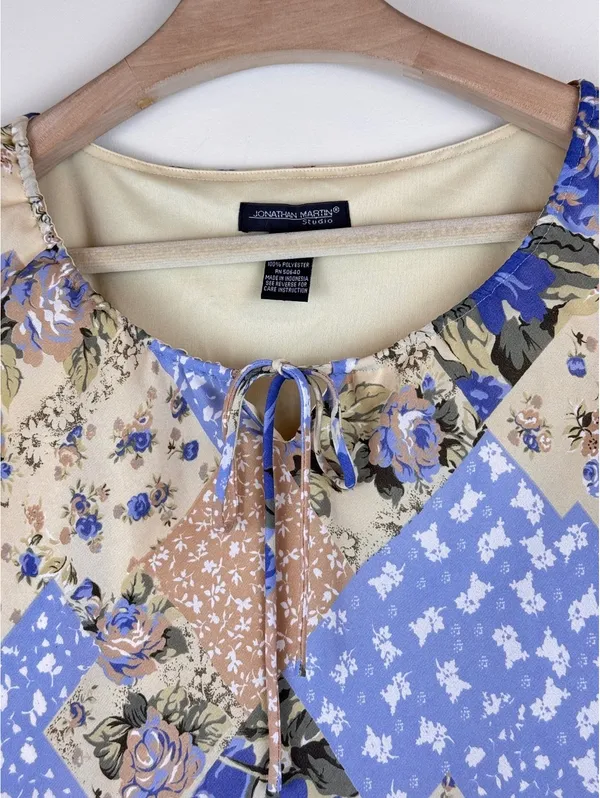 Jonathan Martin Studio Y2K Floral Patchwork Bell Sleeve Blouse Blue Tan Size S - Image 11
