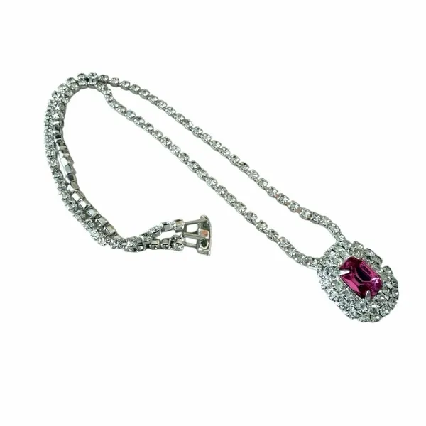 Vintage Fuchsia Pink Clear Rhinestone Halo Pendant Necklace - Image 7