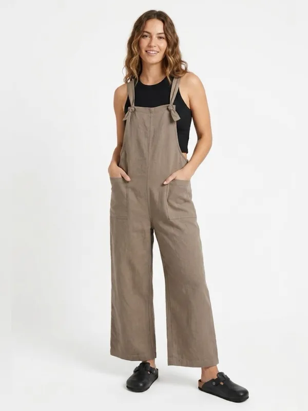 Miou Muse Taupe Linen-Blend Wide-Leg Overalls - Size M Women’s - Image 10