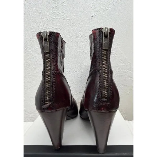 Frye Regina Heel Bootie Women 7.5 Burgundy Leather Pointed Toe Back Zip Heels - Image 5