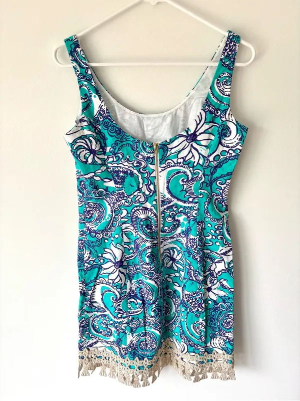 Lilly Pulitzer Eaton Mini Shift Dress Montauk Seafoam Paisley Gold Tassel Hem - Image 8