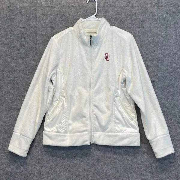 OU Jacket Women's Large White Full‎ Zip Oklahoma University Logo Faux Fur Soft - Image 3