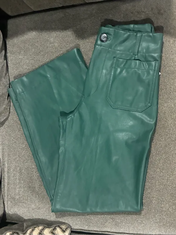 Maeve The Colette Full Length Faux Leather Wide Leg Pants Dark Green size 27 - Image 3