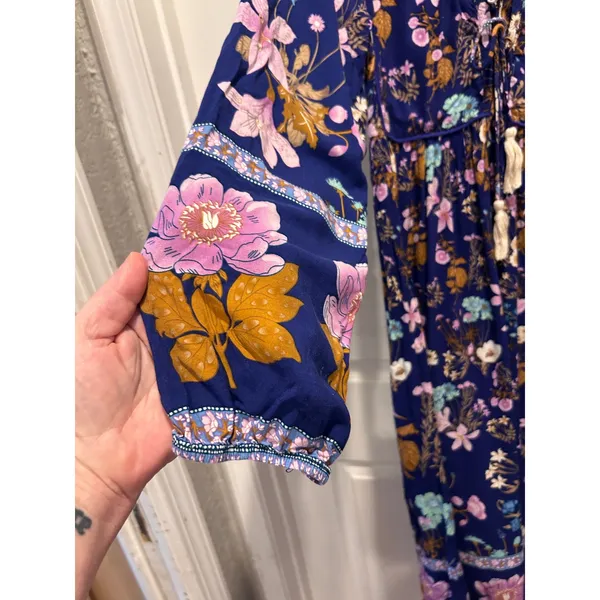 R Yiposha Navy Blue Floral Boho Empire Waist Midi Dress XS 0/2 Long Sleeve - Image 2