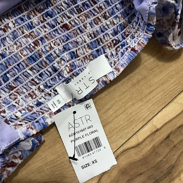 ASTR The Label Purple Floral Smocked Off The Shoulder Long Dress XS Cottagecore - Image 3