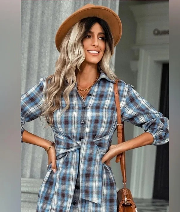 Blue Plaid Flannel Button Front Shirt Dress with Sash Front Tie Casual Western - Image 7