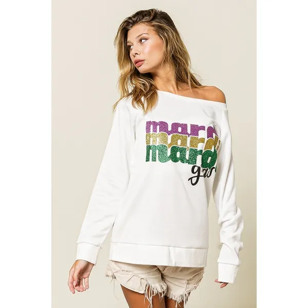 BiBi Mardi Gras Glitter Lettering Sweatshirt - Off White - Large - Image 10