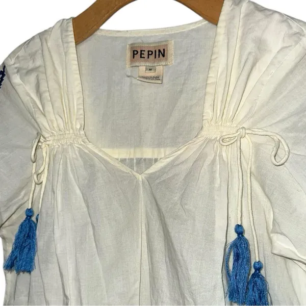 Anthropologie Pepin Women’s Size M White Red Blue Embroidered Cotton V-Neck Top - Image 7