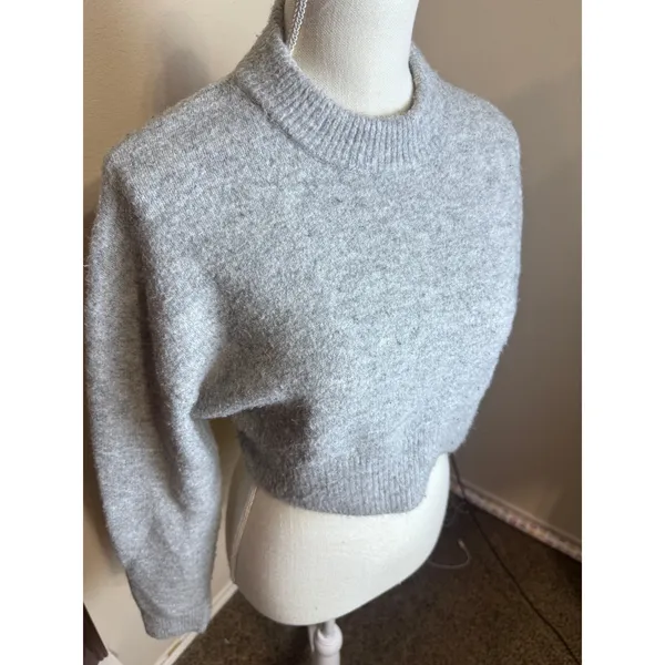 Zara Gray Cropped Mock Neck Knit Sweater Wool Blend Heather Gray sz Small - Image 2