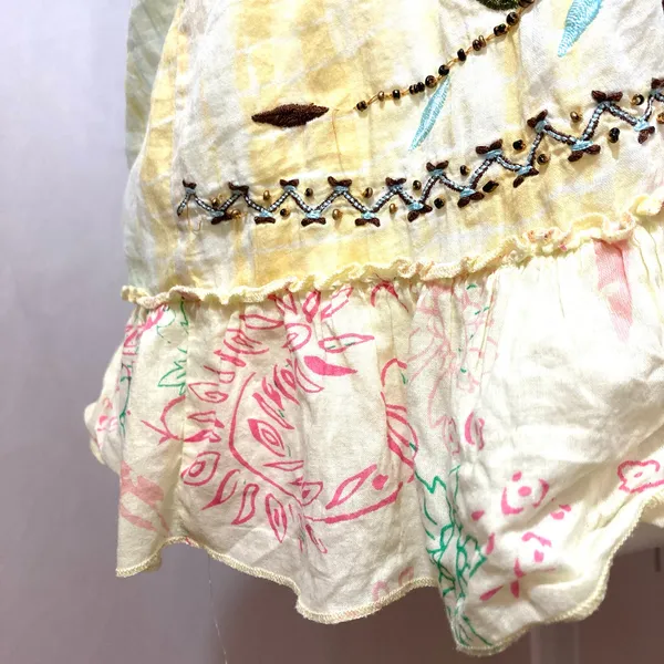 Vintage Y2K Tokyo Denim Yellow Silk Hippie Embroider Bead Tank Blouse Top Medium - Image 6