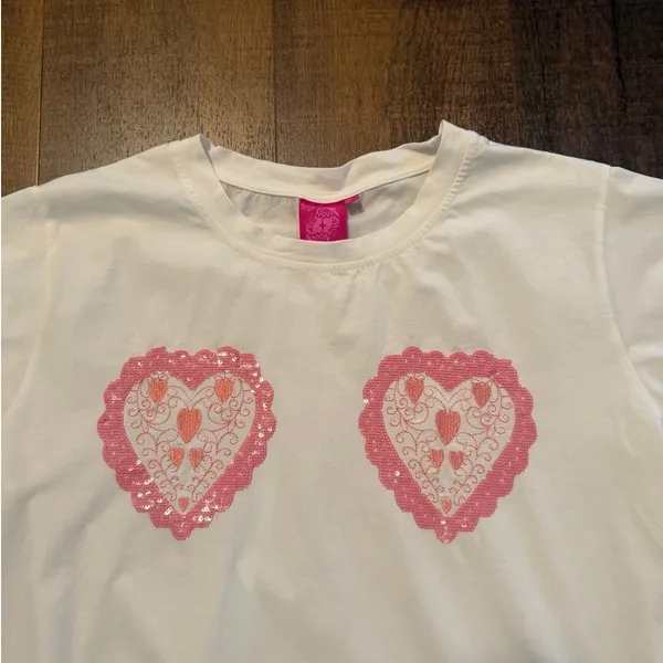 Queen of Sparkles Heart Sequin Graphic Tee White Pink Medium - Image 2