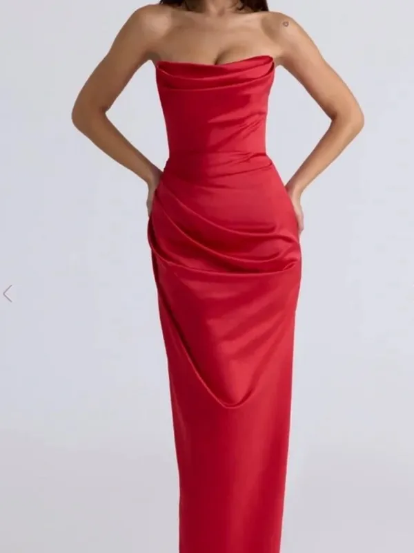House of CB Adrienne Scarlet Satin Strapless Gown in Red Size: XS - Image 2